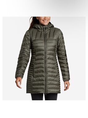 Eddie Bauer Astoria Down Long Hooded Quilted Puffer Coat - Olive Green, Size TXL
